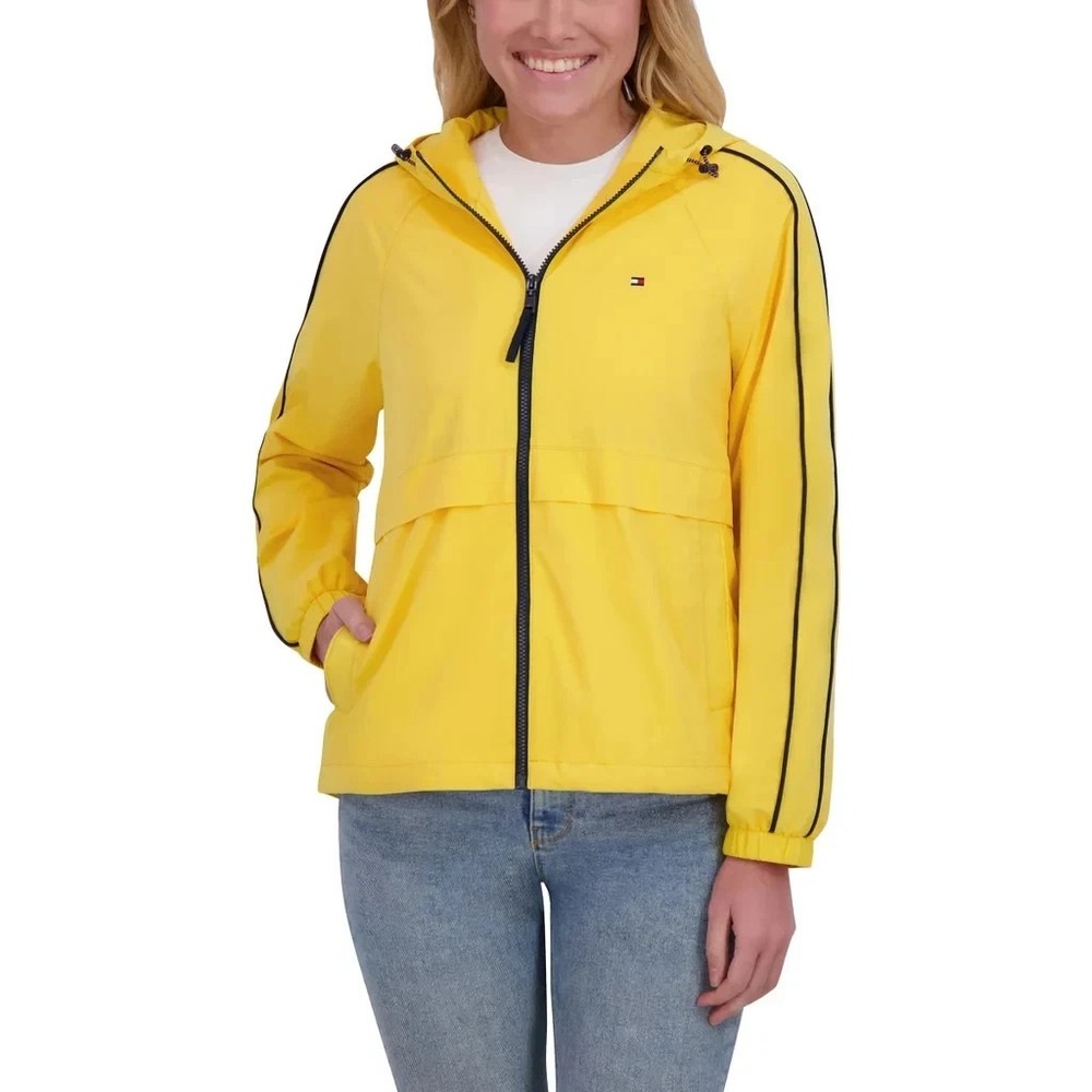 Tommy Hilfiger Womens Windbreaker Jacket Yellow Hooded Full Zip Size Small